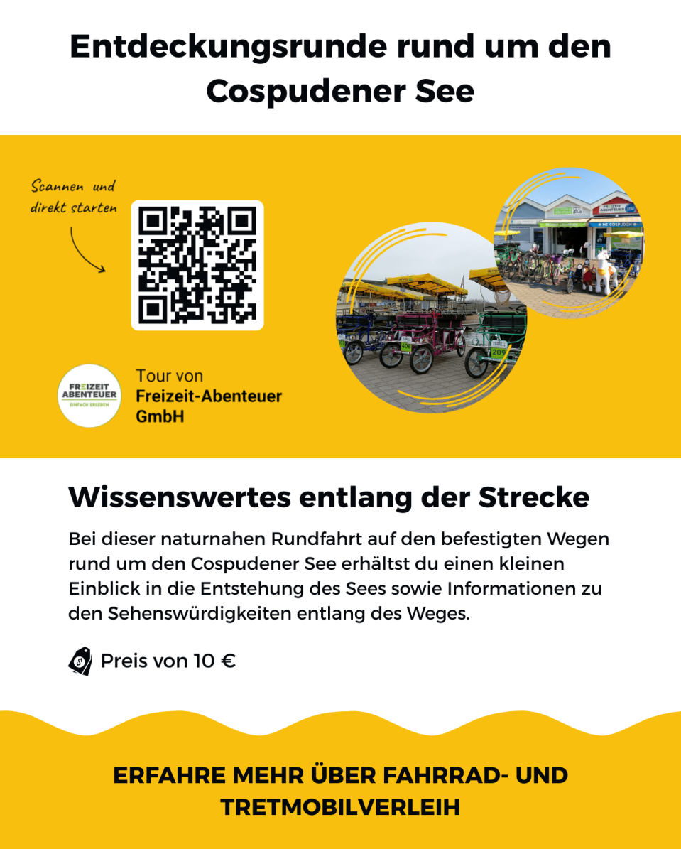 Flyer for a bike tour around Cospudener See with QR code and images of rental bikes.