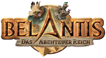 BELANTIS logo with a ship, pyramid, and castle. Text: 'Das AbenteuerReich'.