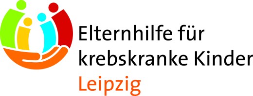 Logo with colorful figures forming a circle above text: 'Elternhilfe für krebskranke Kinder Leipzig'.