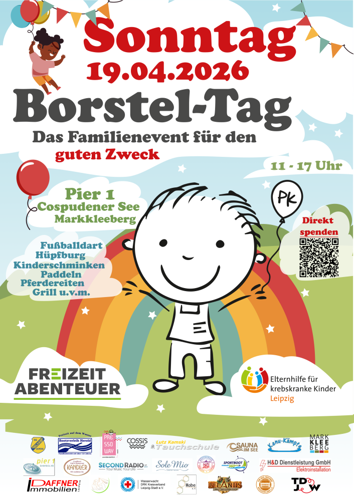 Event poster with cartoon kids, rainbow, balloons, and text in German about a family event on 19.04.2026.