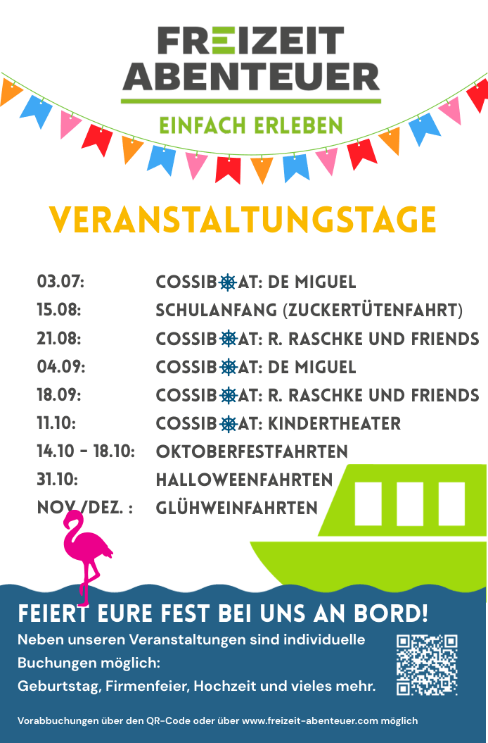 Event schedule flyer with colorful text and icons, including dates and themes, like Oktoberfest and Halloween.