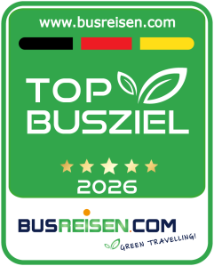 Green badge with 'Top Busziel 2026' and five stars, promoting bus travel.