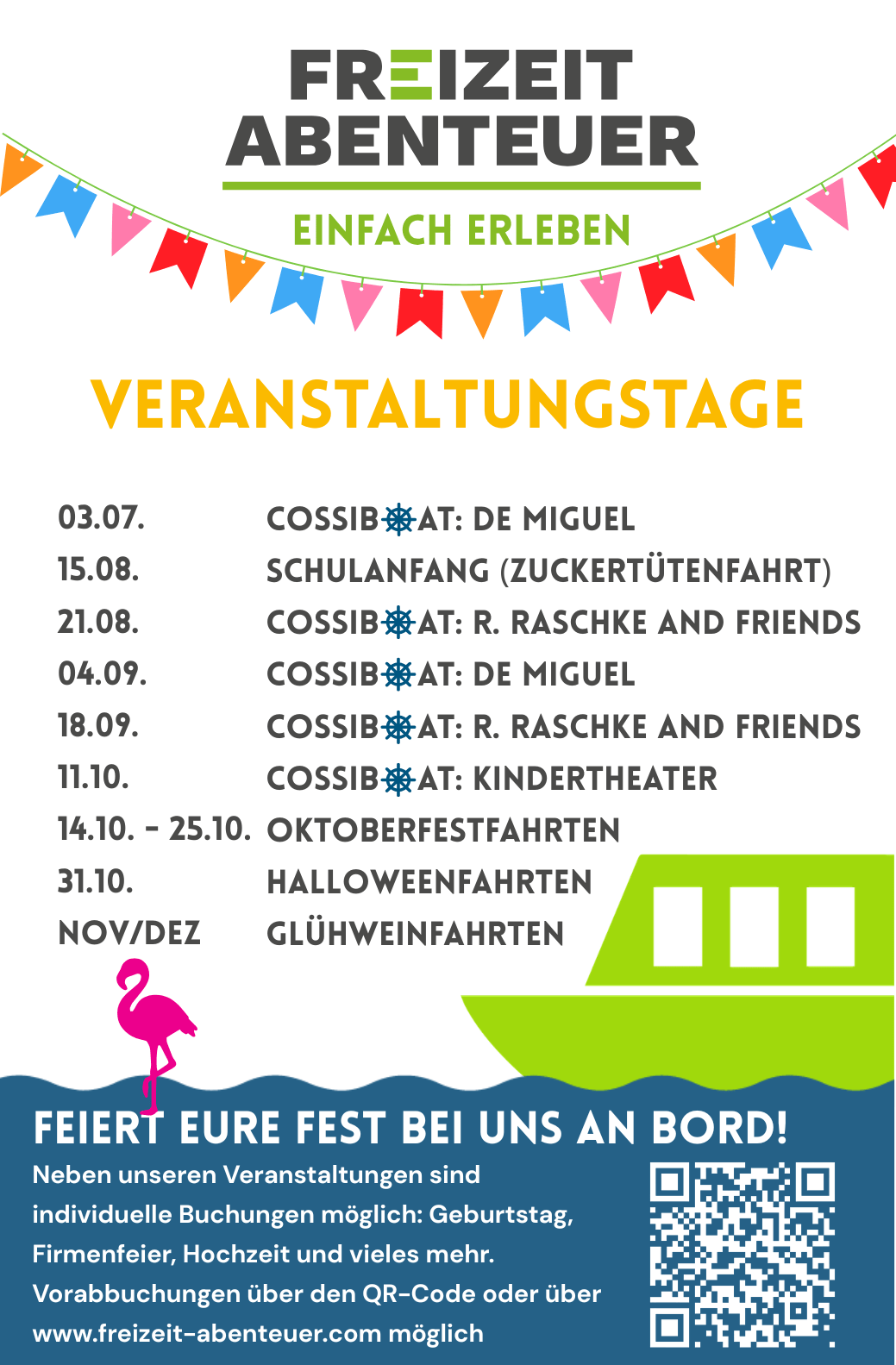 Colorful event poster with a schedule of dates and events for Freizeit Abenteuer.