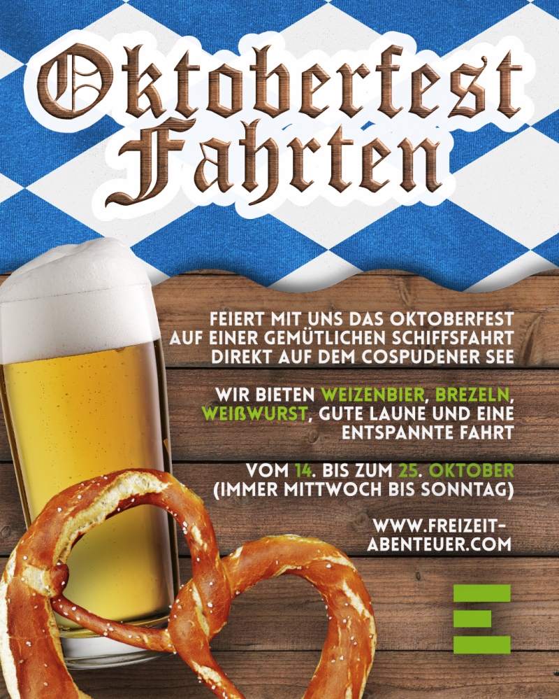 Poster for Oktoberfest event with beer, pretzel, and Bavarian flag background.