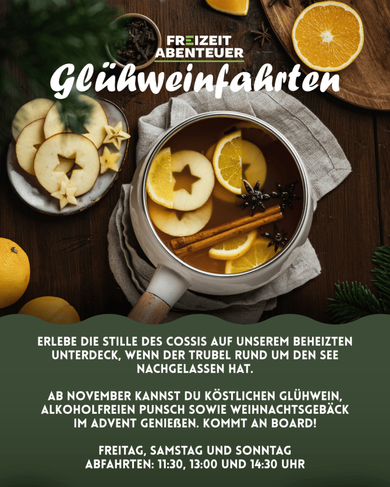 Event poster with a pot of mulled wine and spices above text about Glühweinfahrten.