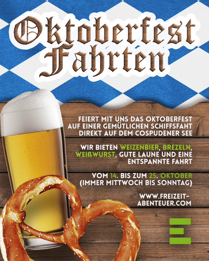 Oktoberfest poster with pretzel, beer and Bavarian flag background.